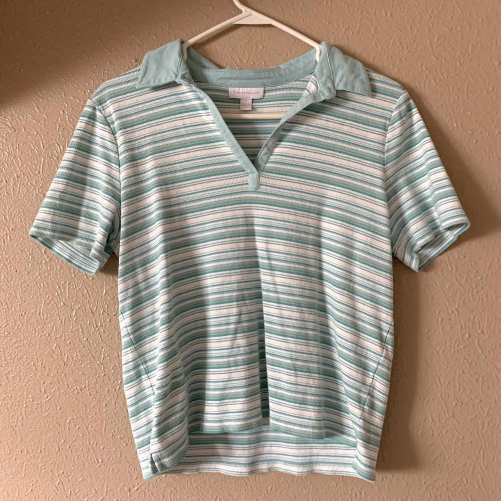 Blue and white striped polo